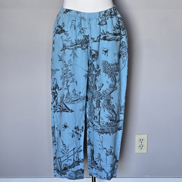 KLEEN 100% Linen Blue Toile Pattern Balloon Cropped Wide Leg Resortwear Pants - Picture 3 of 7